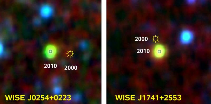 Коричневые карлики WISE J0254+0223 и J1741+2553 на композитных изображениях WISE. Также отмечены позиции, которые коричневые карлики занимали в 2000 году. Иллюстрация AIP, NASA/IPAC Infrared Science Archive 