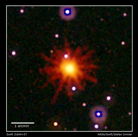 Гамма-вспышка Swift J1644 +57. Комбинированное изображение, которое включает данные наблюдений в видимом, ультрафиолетовом и рентгеновском диапазонах.