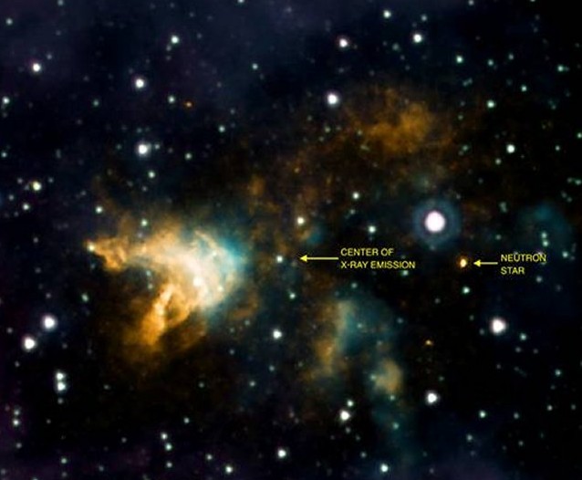 Левая стрелка указывает на место взрыва сверхновой, а правая на место нахождения «сбежавшей» нейтронной звезды. Фото X-ray: NASA/CXC/SAO/I. Lovchinsky et al; IR: NASA/JPL-Caltech