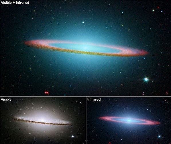 Галактика Сомбреро. Вверху объединенное изображение в видимом и инфракрасном диапазоне. Внизу раскадровка.