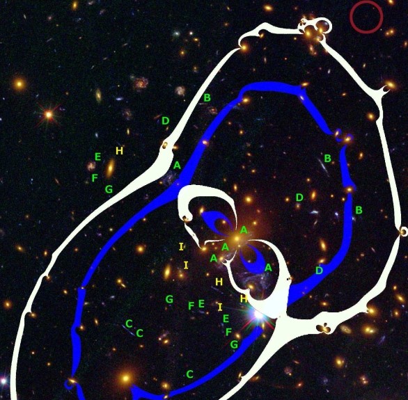 Скопление MACS J1149,6+2223. Расположение галактики MACS1149-JD1 отмечено красным кружком.