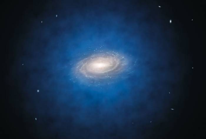 Возможное распределение темной материи (показано светло-голубым) в нашей Галактике согласно современным моделям. 