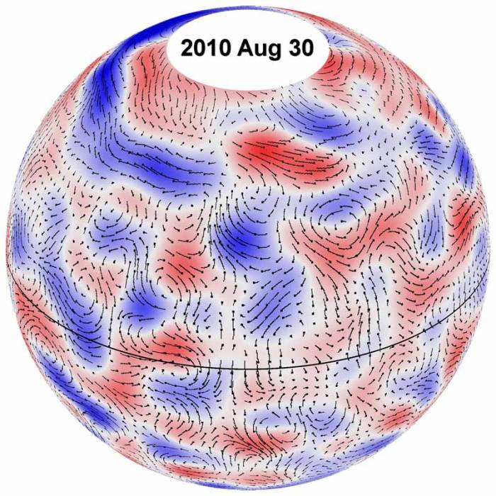 то изображение показывает гигантские пути потока плазмы ячеек на Солнце за 8 июня 2010 года. Лежащая в основе картины ячейка показывает западные ветры (окрашены в красный) и восточных ветров (окрашенных в синий цвет).