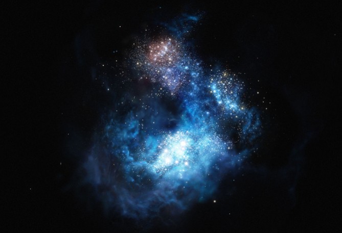 Необычайная яркость галактики CR7 обусловлена множеством ярких массивных звезд. На иллюстрации CR7 в видении художника.