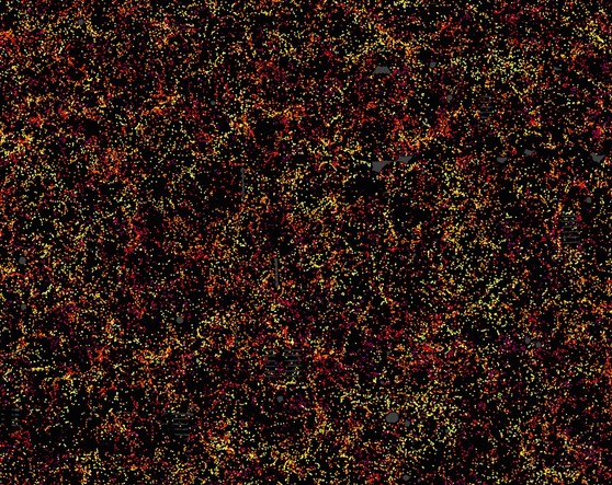 Каждая точка на представленном изображении – галактика. Разный цвет выбран в зависимости от расстояния до Земли. Ближайшие к нам галактики имеют желтый цвет, а самые удаленные фиолетовый цвет. 