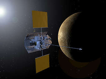 Мессенджер на фоне Меркурия. Иллюстрация NASA