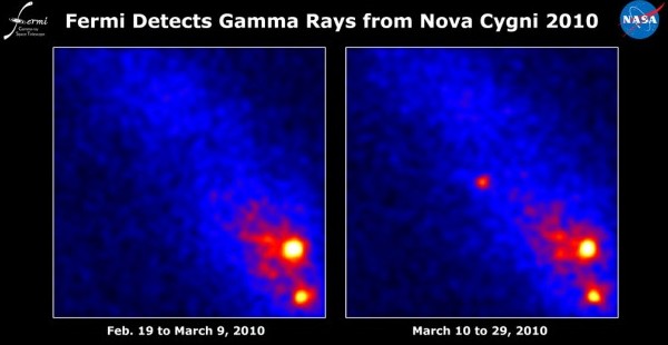 Изображение V407 Cyg сделанное телескопом "Ферми" до и после вспышки новой. Фото NASA/DOE/Fermi LAT Collaboration