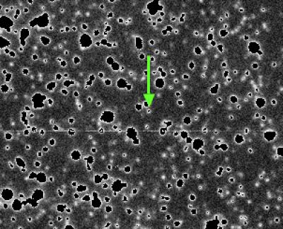 Зеленая стрелка показывает астероид 2008 LC18 среди множества звезд Млечного Пути. Иллюстрация Scott Sheppard