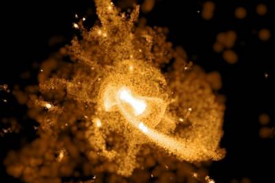  Моделирование показывает галактику Млечный путь около 5 миллиардов лет назад, когда произошли самое масштабное столкновений галактик.