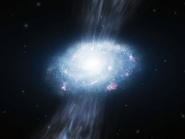 Древняя галактика глазами художника аккрецирующая водород и гелий из окружающей среды для формирование молодых звезд и своего роста. Иллюстрация ESO/L. Calcada