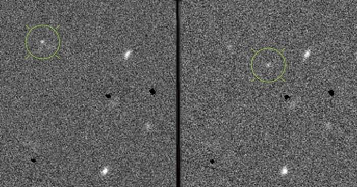 Два снимка астероида 2010 ST3 (обведено зеленым кружком), полученных телескопом PS1 с интервалом в 15 минут 16 сентября 2010 года. Размер изображение составляет всего около 100 угловых секунд. Фото PS1SC