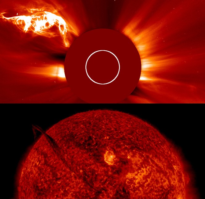 Вверху съемка выброса со спутника SOHO, внизу магнитная нить со спутника SDO. 