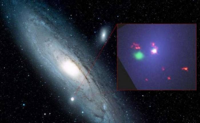 На изображении галактика Андромеда со своим спутником – галактикой M32. Вставка является комбинированными данными в радио, оптическом и рентгеновском диапазоне наблюдения за M32 . 