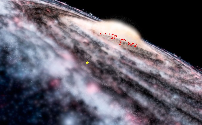 Млечный путь. Красными точками обозначены молодые цефеиды. Звездочкой – местоположение Солнца. 