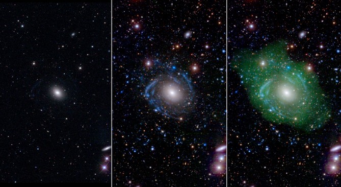 Галактика UGC 1382. Левое изображение сделано в видимом диапазоне, среднее выполнено аппаратом GALEX, а правое космическим телескопом WISE, Слоановским обзором неба и микронным обзором неба 2MASS. 