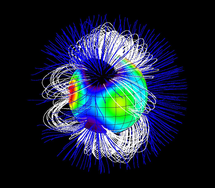 Полевые линии магнитной звезды Тау Скорпиона.
